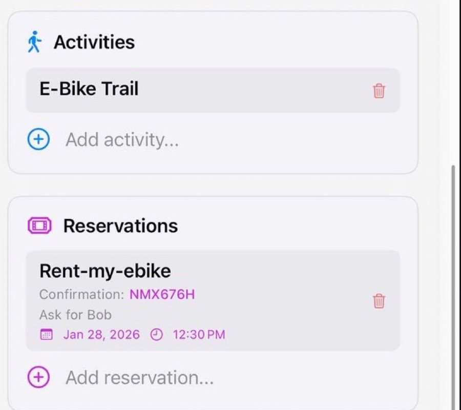Activities and Reservations lists on a stop, each with an add button