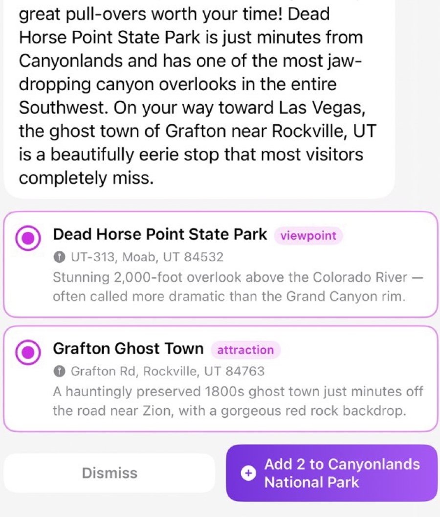 The assistant suggesting two nearby places with an Add button