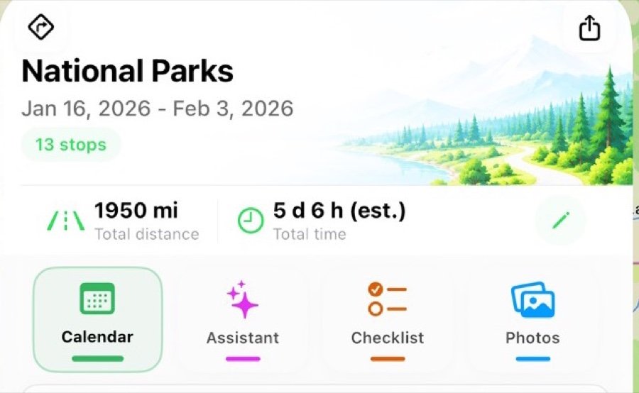 An itinerary header showing the trip name, dates, 13 stops, total distance and total travel time