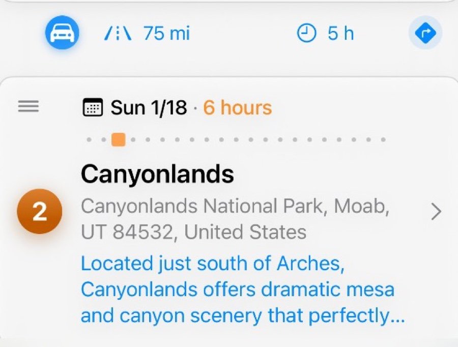 A leg between two stops showing the car icon, 75 miles and 5 hours