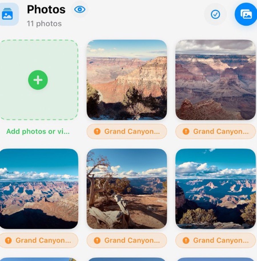 The trip's photo album, images grouped by the stop where they were taken