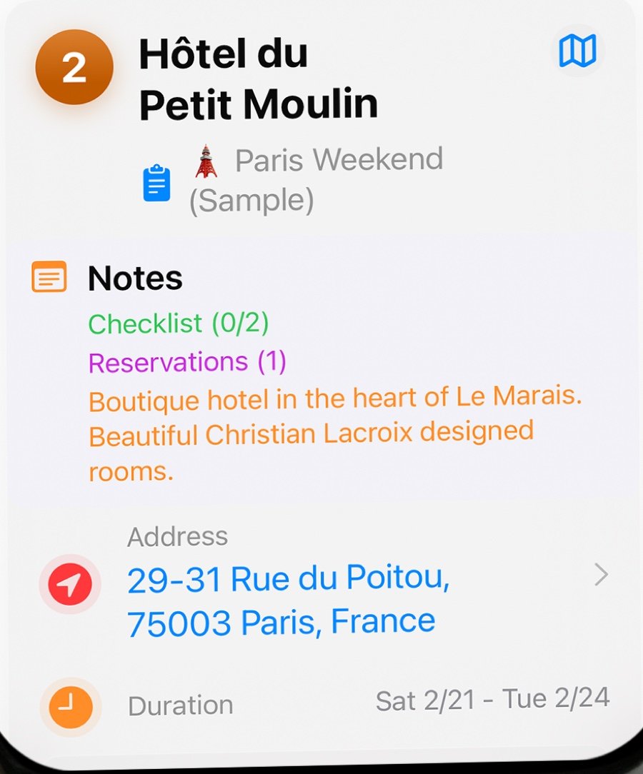 A stop card showing its name, notes, checklist and reservation counts, address and duration