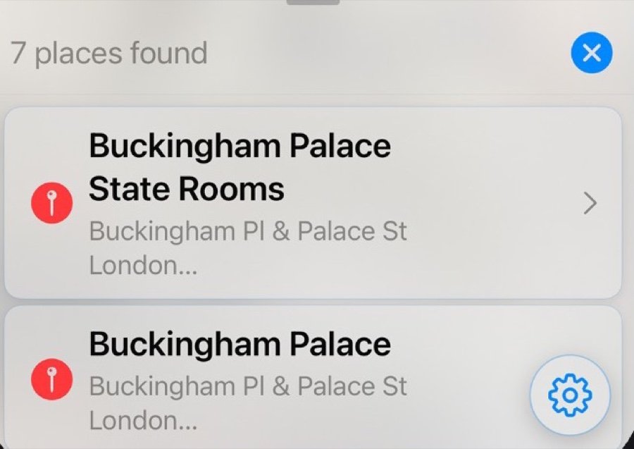 Search results listing two places found, each with an arrow to open its details