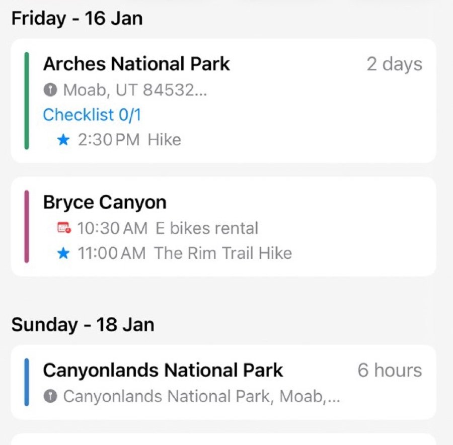 The trip laid out day by day, with stops and their scheduled activities